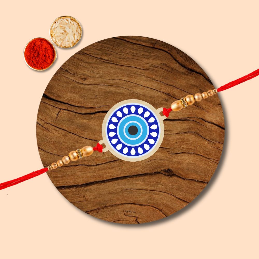 Evil Eye Circle - Wooden Rakhi with Keychain