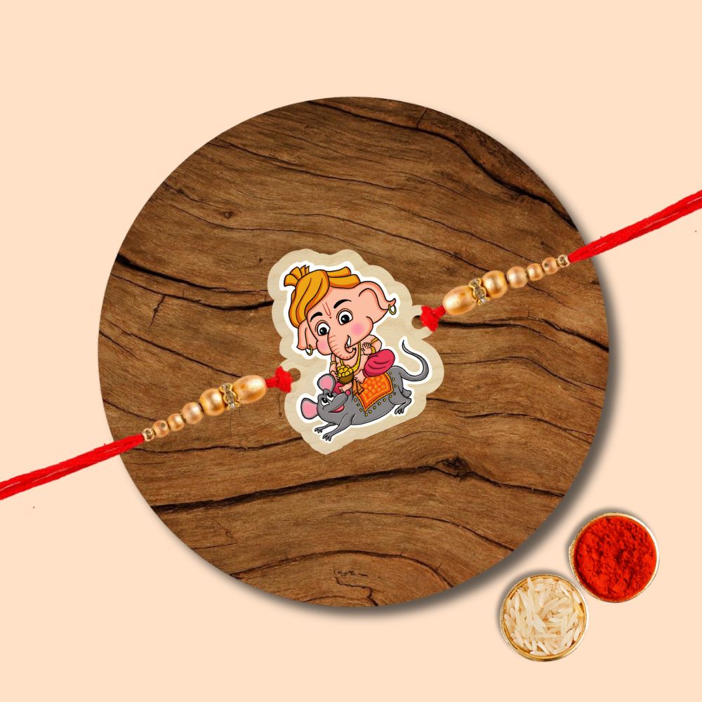 Ganesha - Wooden Rakhi with Keychain