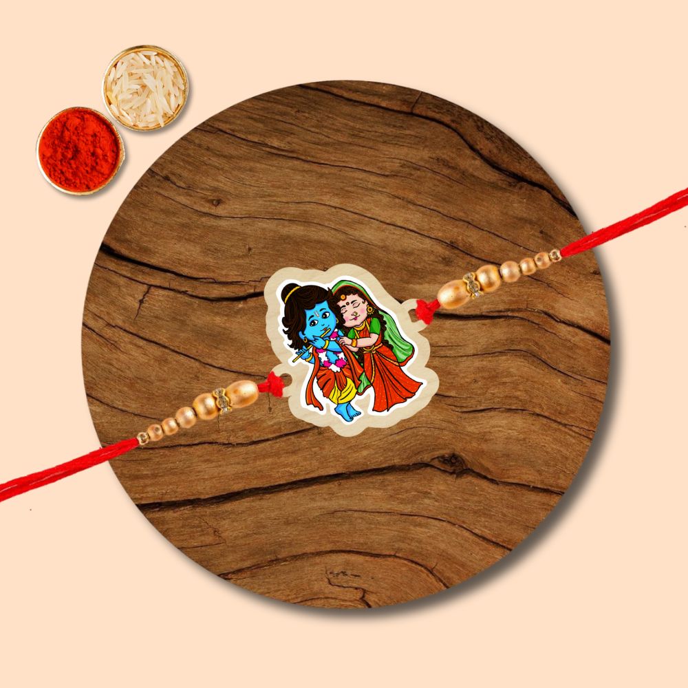 Radha Krishna - Wooden Rakhi with Keychain