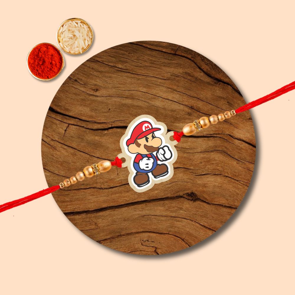 Super Mario - Wooden Rakhi with Keychain