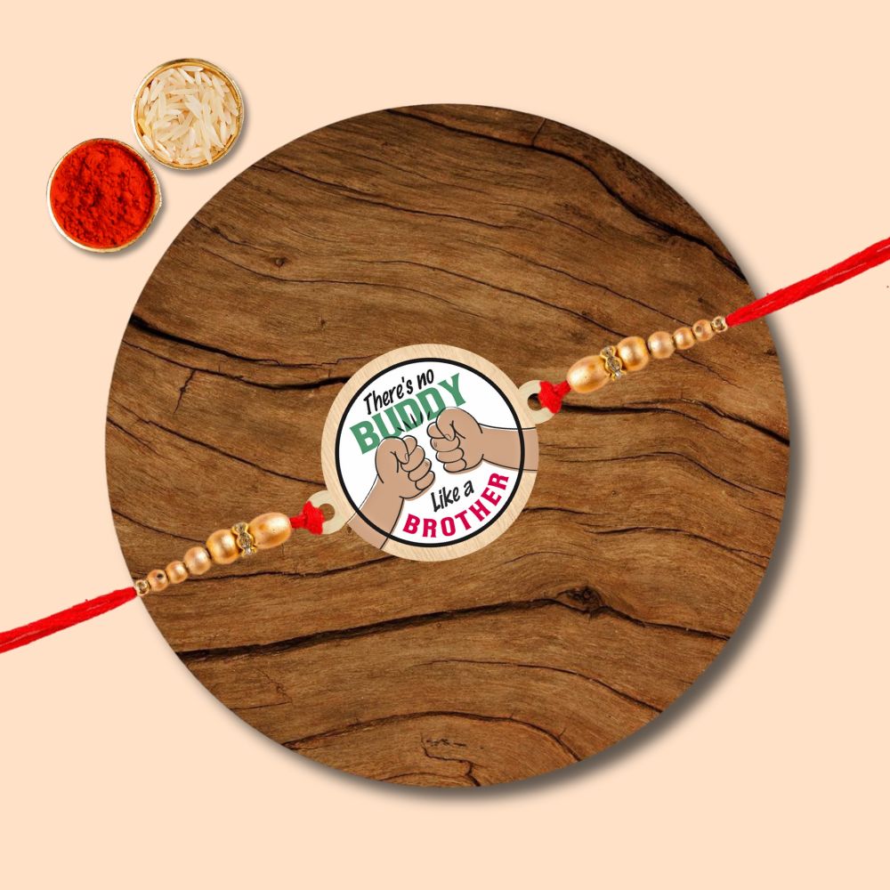 There's no Buddy Like a Brother - Wooden Rakhi with Keychain