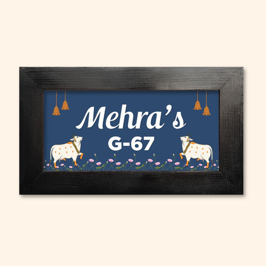Pichwai Cow Name Plate - Blue