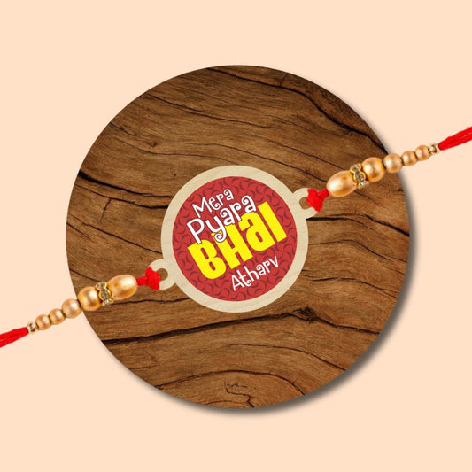 Mera Pyara Bhai l Name Rakhi - Wooden Rakhi with Keychain