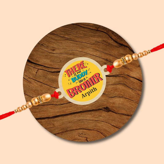 There is No Buddy Like A Brother l Name Rakhi - Wooden Rakhi with Keychain