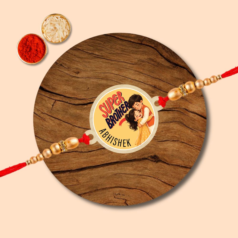 Super Brother l Name Rakhi - Wooden Rakhi with Keychain