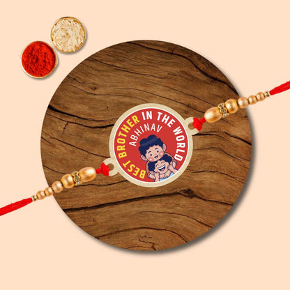 Best Brother in The World l Name Rakhi - Wooden Rakhi with Keychain