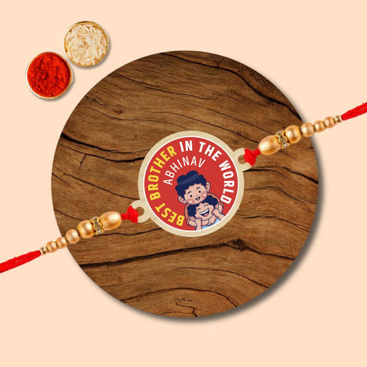 Best Brother in The World l Name Rakhi - Wooden Rakhi with Keychain