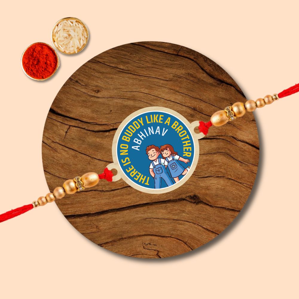 There is no Buddy Like a Brother l Name Rakhi - Wooden Rakhi with Keychain