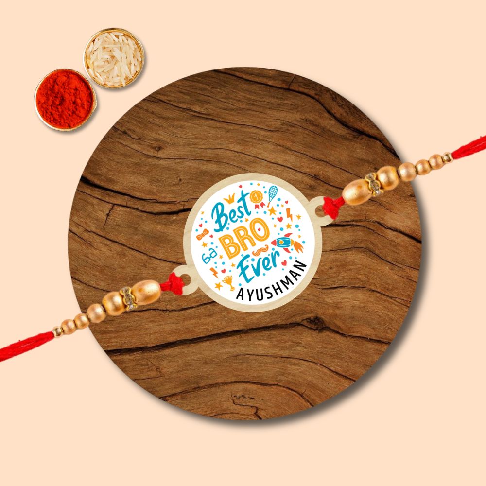Best Bro Ever l Name Rakhi - Wooden Rakhi with Keychain