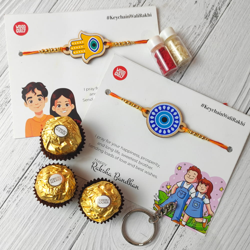 Evil Eye & Hamsa Hand Wooden Rakhi Combo with Keychain