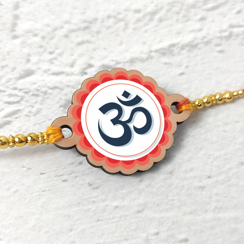 Om White - Wooden Rakhi with Keychain