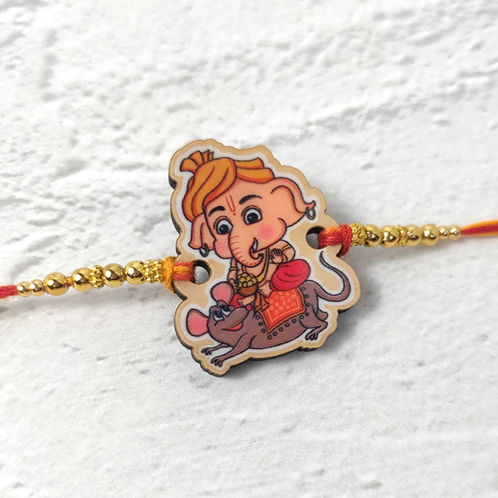 Ganesha  - Wooden Rakhi with Keychain