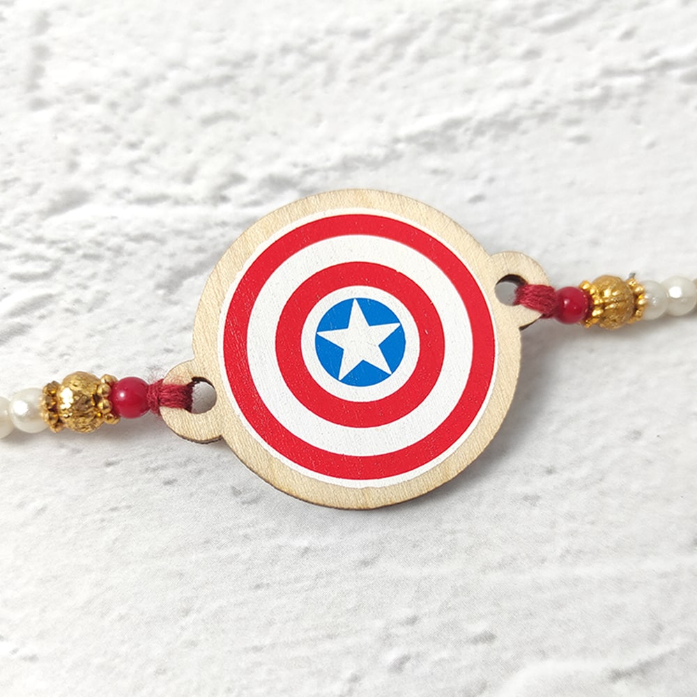 Captain America - Wooden Rakhi with Keychain
