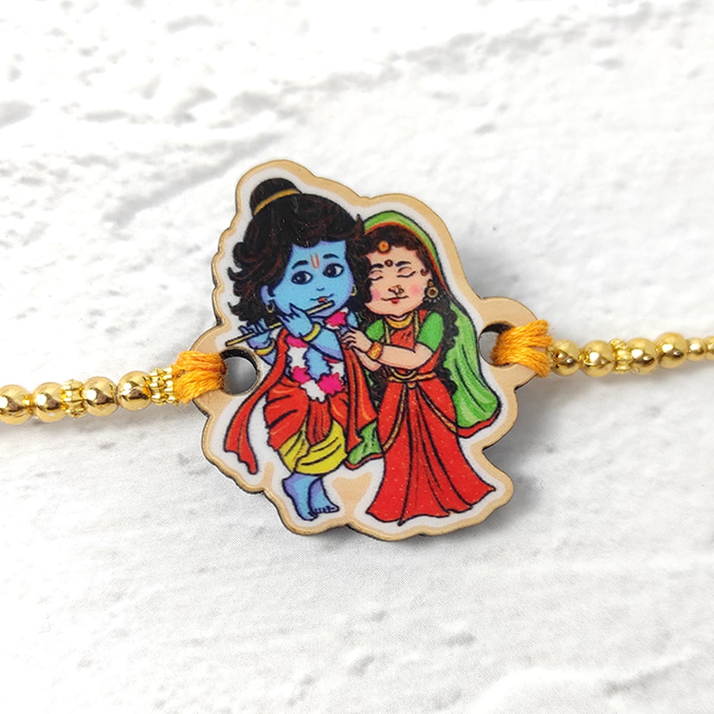 Radha Krishna  - Wooden Rakhi with Keychain