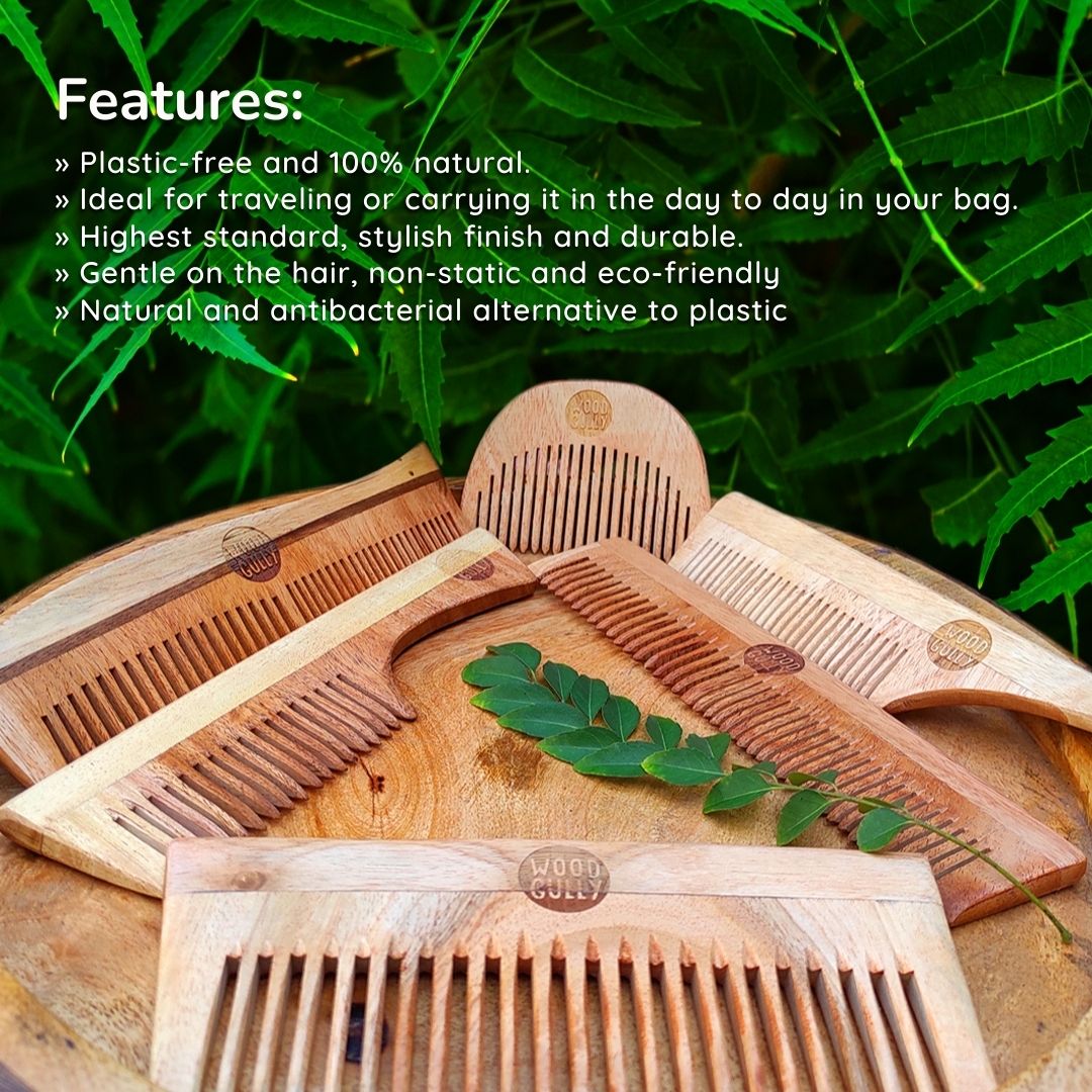 Neem Wooden Family Comb & Wide Teeth Comb (Pack of 2)