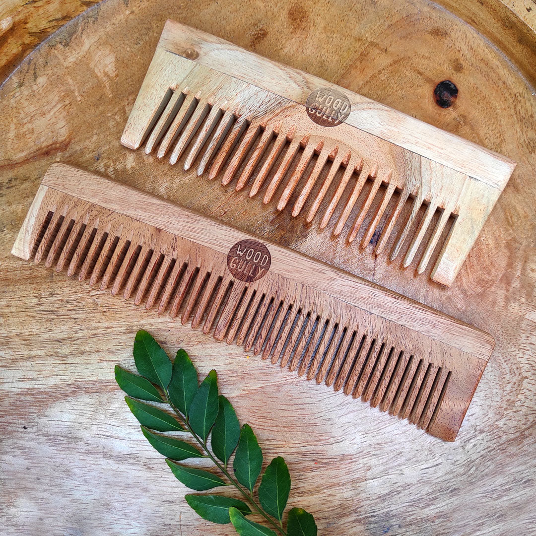 Neem Wooden Family Comb & Wide Teeth Comb (Pack of 2)